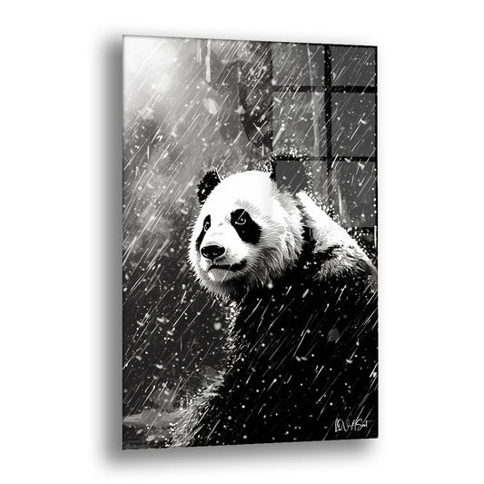 Yağmurda Panda cam tablo — yağmur çizgileriyle dolu siyah beyaz bir fonda sakin bakışlı bir pandayı gösterir.