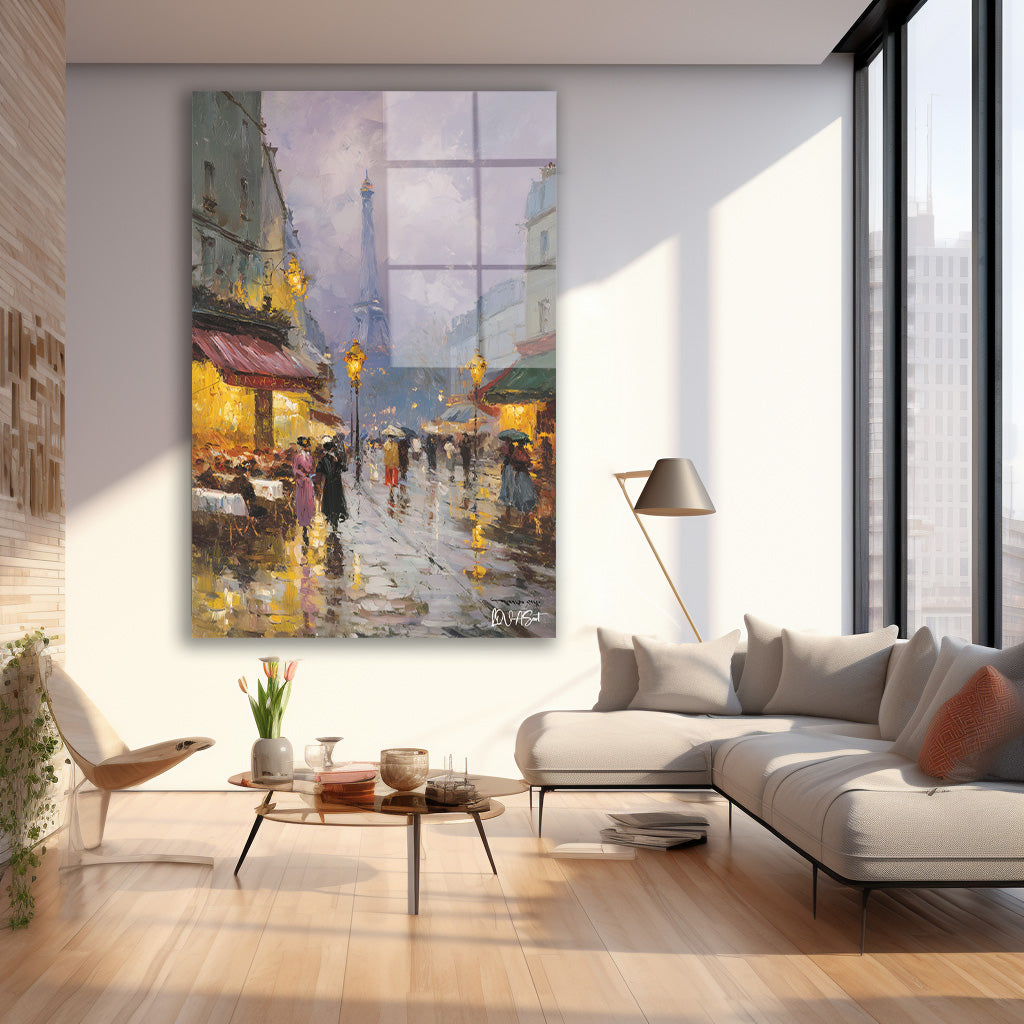 Yağmurda Paris Kafeleri cam tablo — iç mekân uygulama örneği