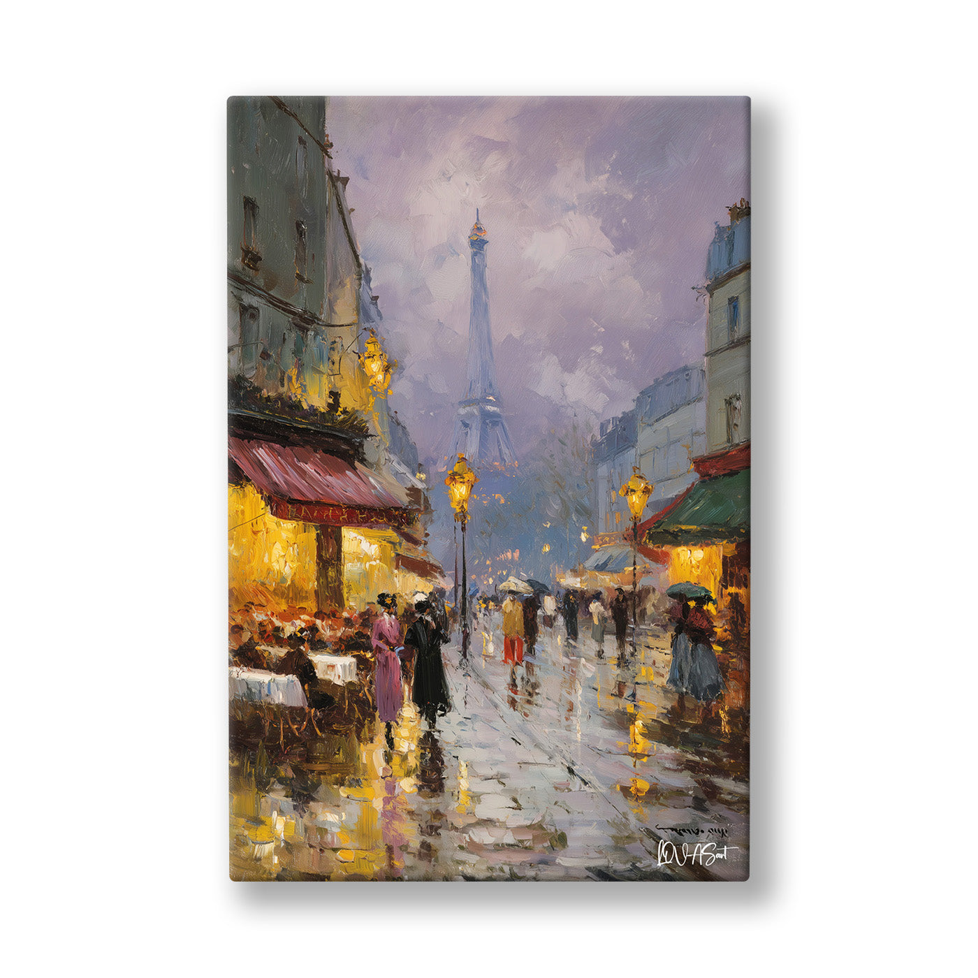Yağmurda Paris Kafeleri kanvas tablo — Mor bulutların altında kafeleriyle canlanan yağmurlu Paris bulvarı.