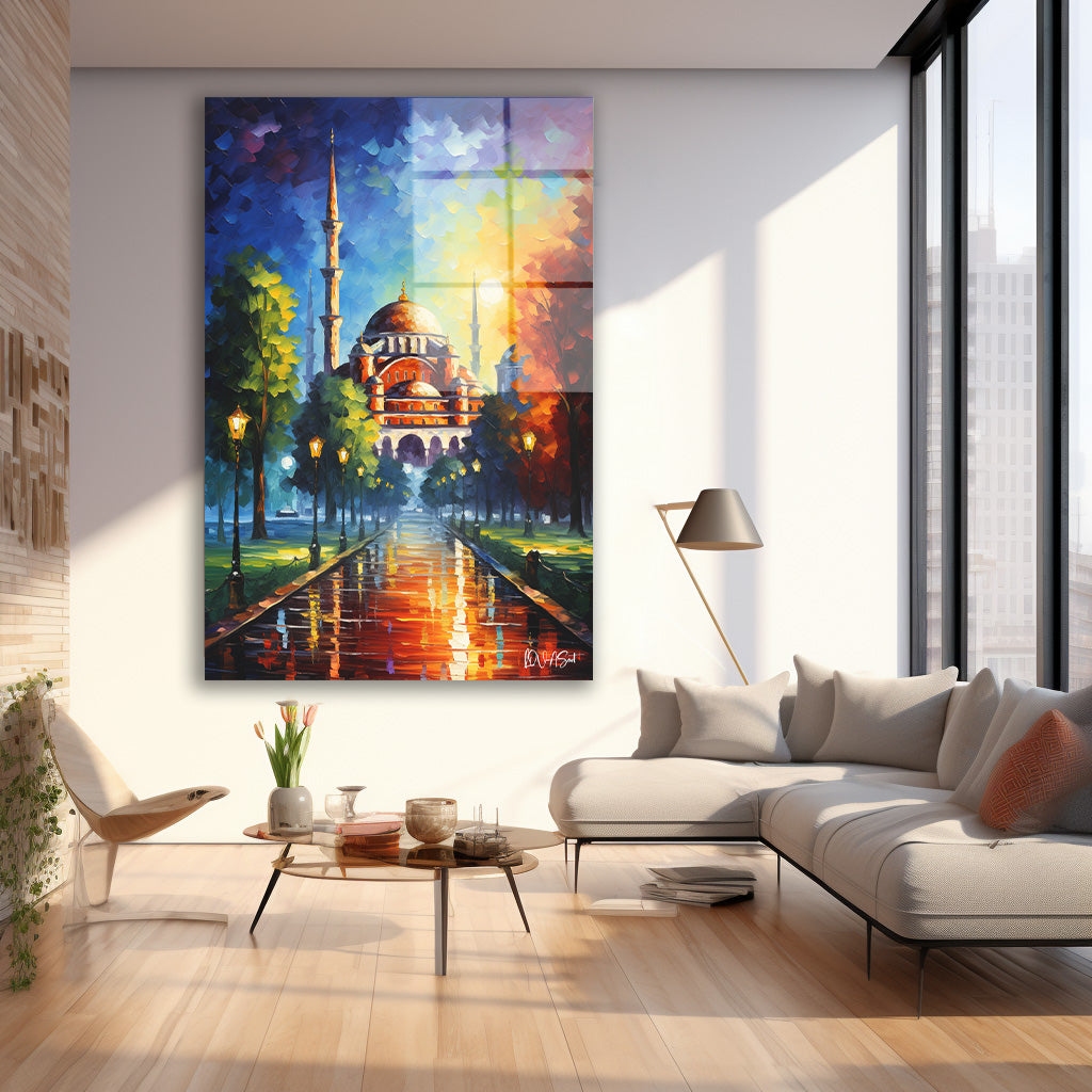 Yağmurlu Cami Gecesi cam tablo — iç mekân uygulama örneği