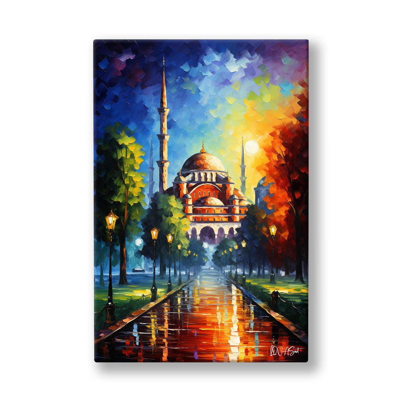 Yağmurlu Cami Gecesi kanvas tablo — Gece yağmurunda ışıkları suya vuran kubbeli cami ve minareleri.