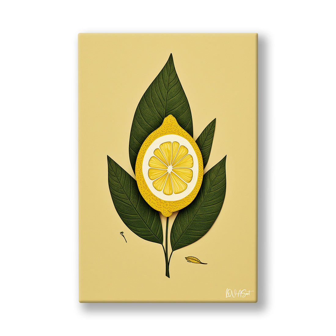 Yaprakta Limon Dilimi kanvas tablo — Hardal sarısı zeminde koyu yeşil bir yaprağın kalbinde parlayan limon dilimi.