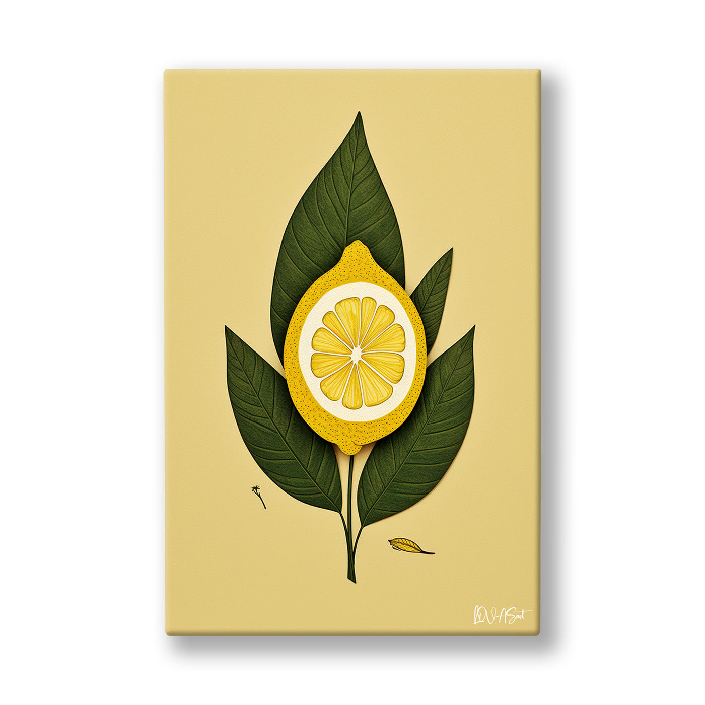 Yaprakta Limon Dilimi kanvas tablo — Hardal sarısı zeminde koyu yeşil bir yaprağın kalbinde parlayan limon dilimi.
