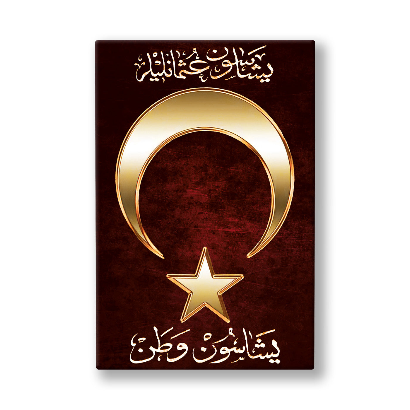Yaşasın Osmanlılar Yaşasın Vatan kanvas tablo — Eskitilmiş bordo bir zeminde iri ve parlak altın bir ay yıldız ile Osmanlıca yazılmış iki satır.
