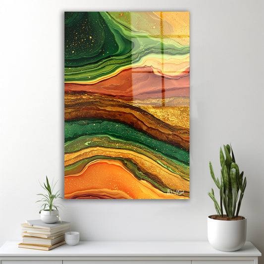 Yeşil Altın Akış 2 cam tablo — duvarda dekorasyon görünümü