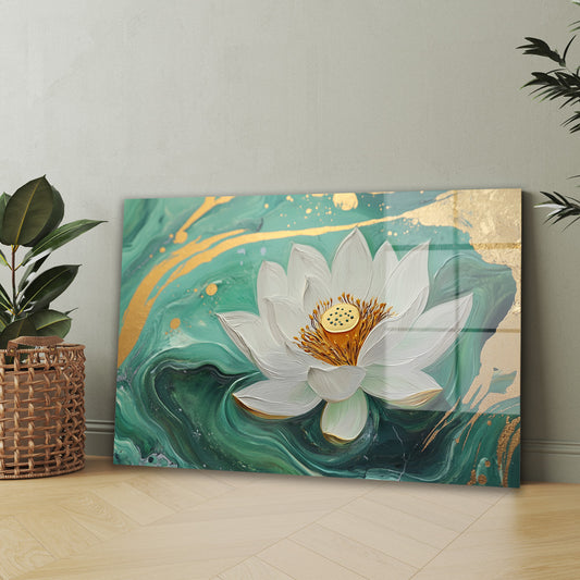 Yeşil Altın Lotus Huzuru cam tablo — iç mekân uygulama örneği