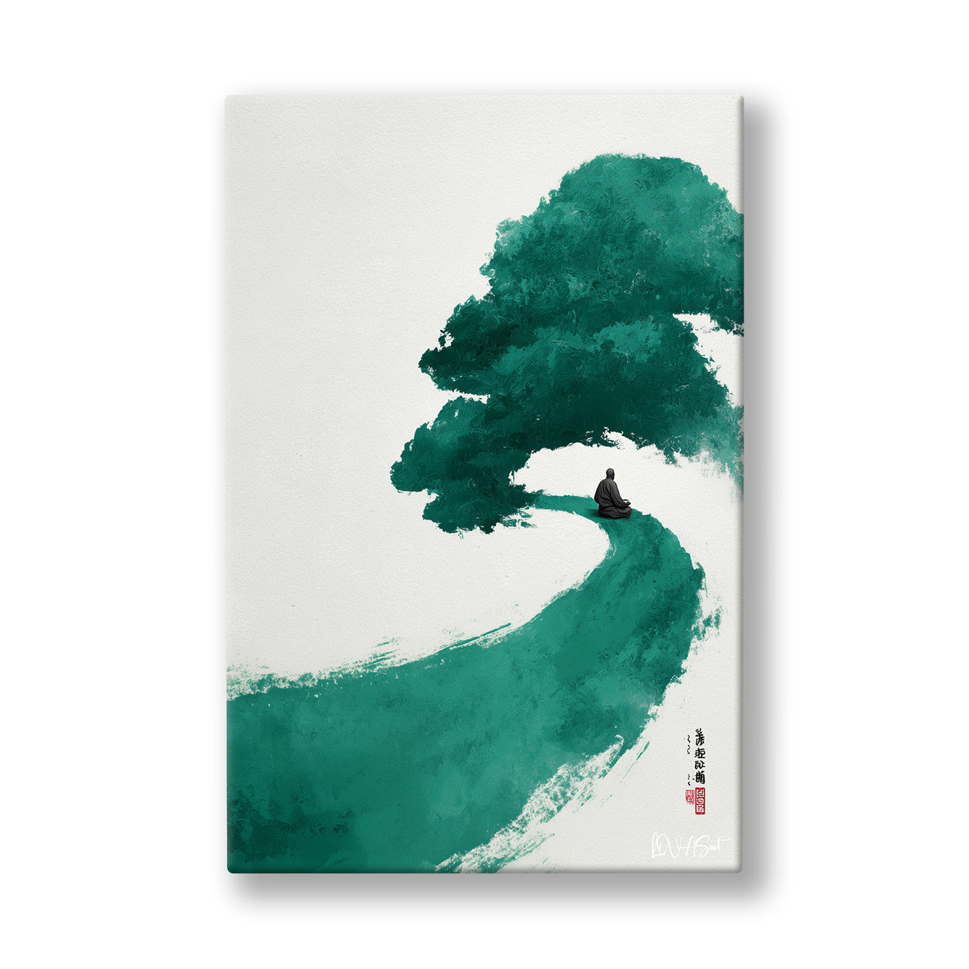 Yeşil Bonsai kanvas tablo — Beyaz boşluğun ortasında zümrüt mürekkeple çizilmiş eğri bir bonsai duruyor.