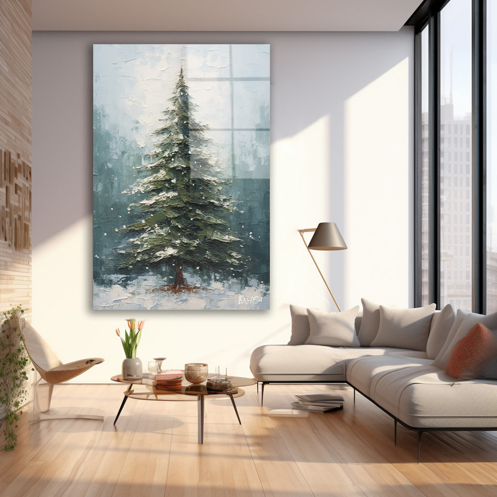 Yeşil Çam Ağacı 4 cam tablo — iç mekân uygulama örneği