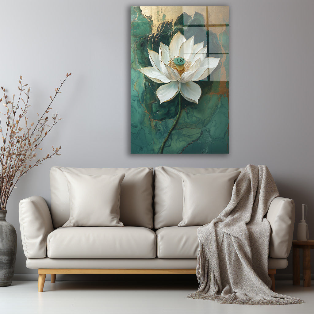 Yeşil Fonda Beyaz Lotus cam tablo — iç mekân uygulama örneği