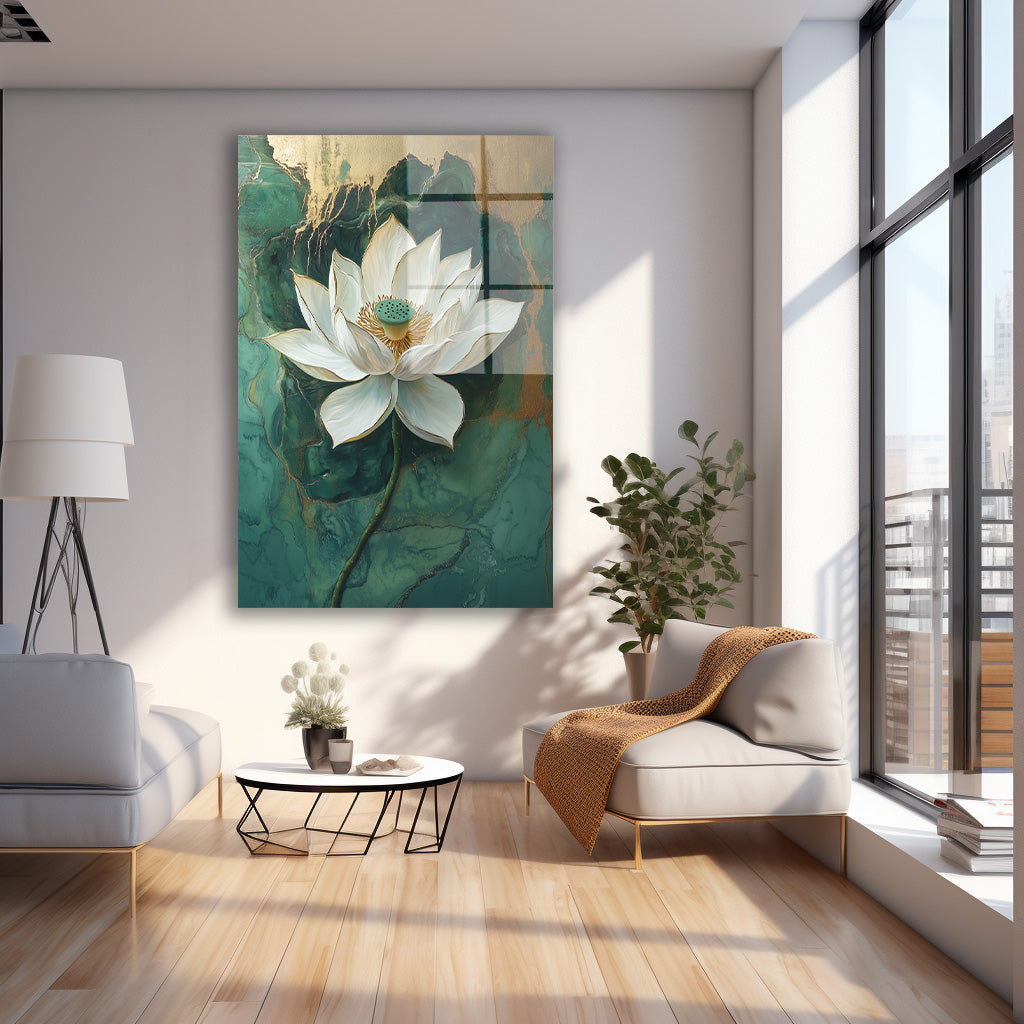 Yeşil Fonda Beyaz Lotus cam tablo — farklı açıdan görünüm
