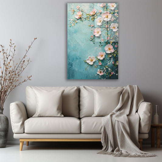 Yeşil Fonda Pembe Çiçek Dalları cam tablo — iç mekân uygulama örneği