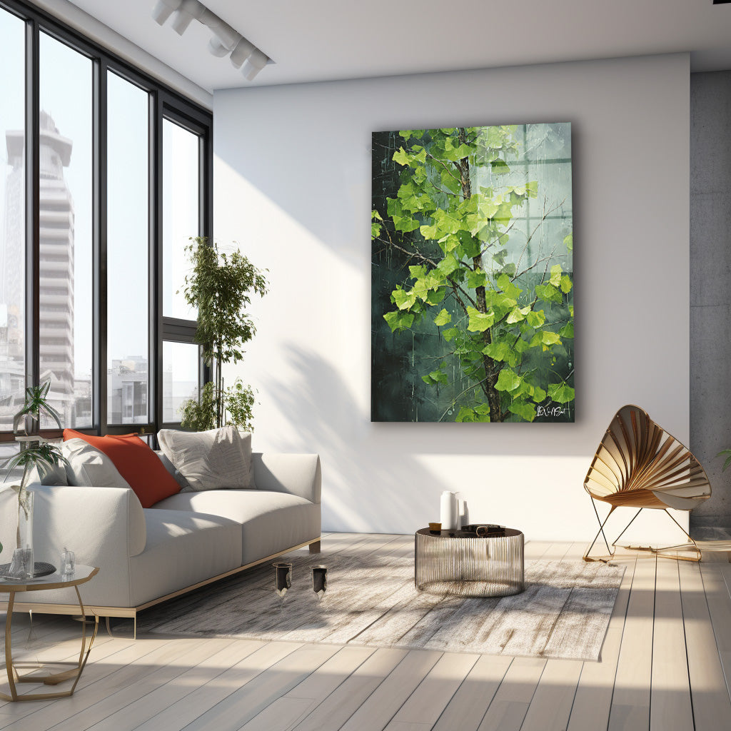 Yeşil Ginkgo Dalı cam tablo — farklı açıdan görünüm
