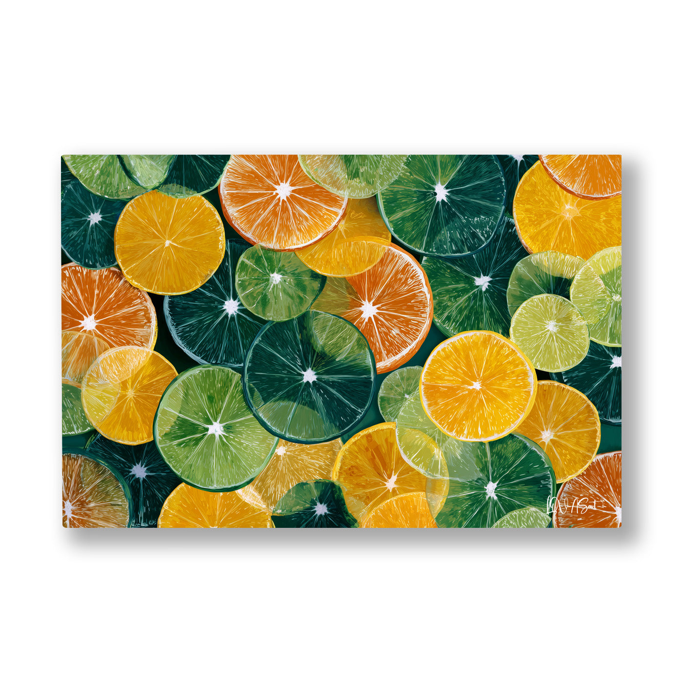 Yeşil Limon Dilimleri kanvas tablo — Limon ve portakal dilimleri yeşil bir zeminde neşeli bir desen kuruyor.
