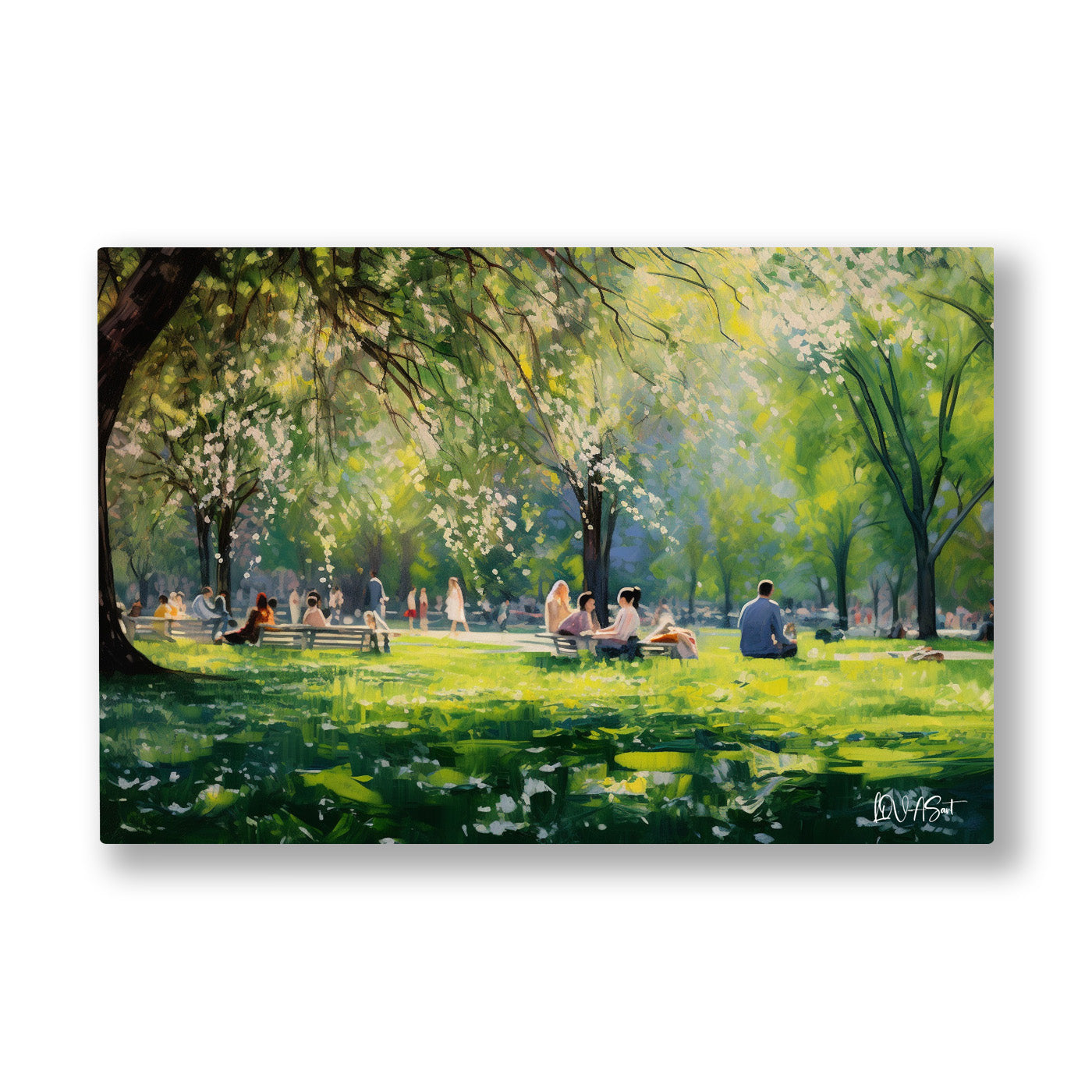 Yeşil Park Günü kanvas tablo — Parkın gölgesinde piknik örtüleri ve sohbetler güneşe yayılıyor.