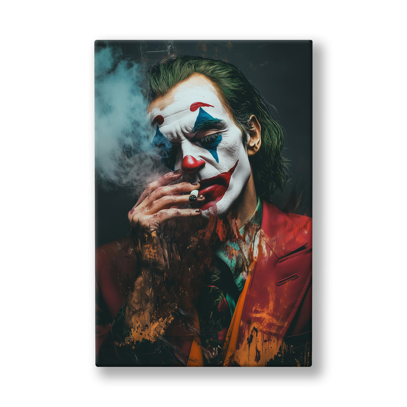Yeşil Saçlı Joker kanvas tablo — Yeşil saçlı Joker, boyalı yüzünün ardından karanlığa gülümsüyor.