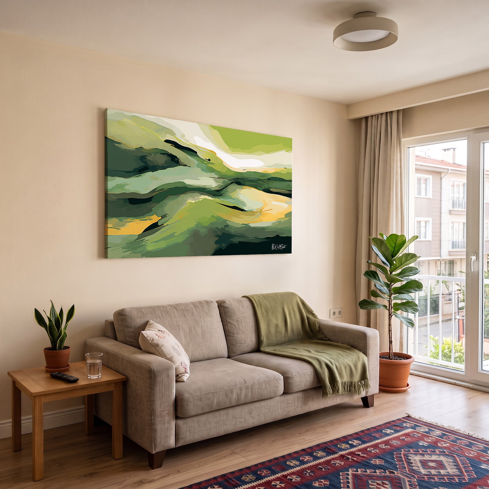Yeşil Tepeler kanvas tablo — iç mekân uygulama örneği
