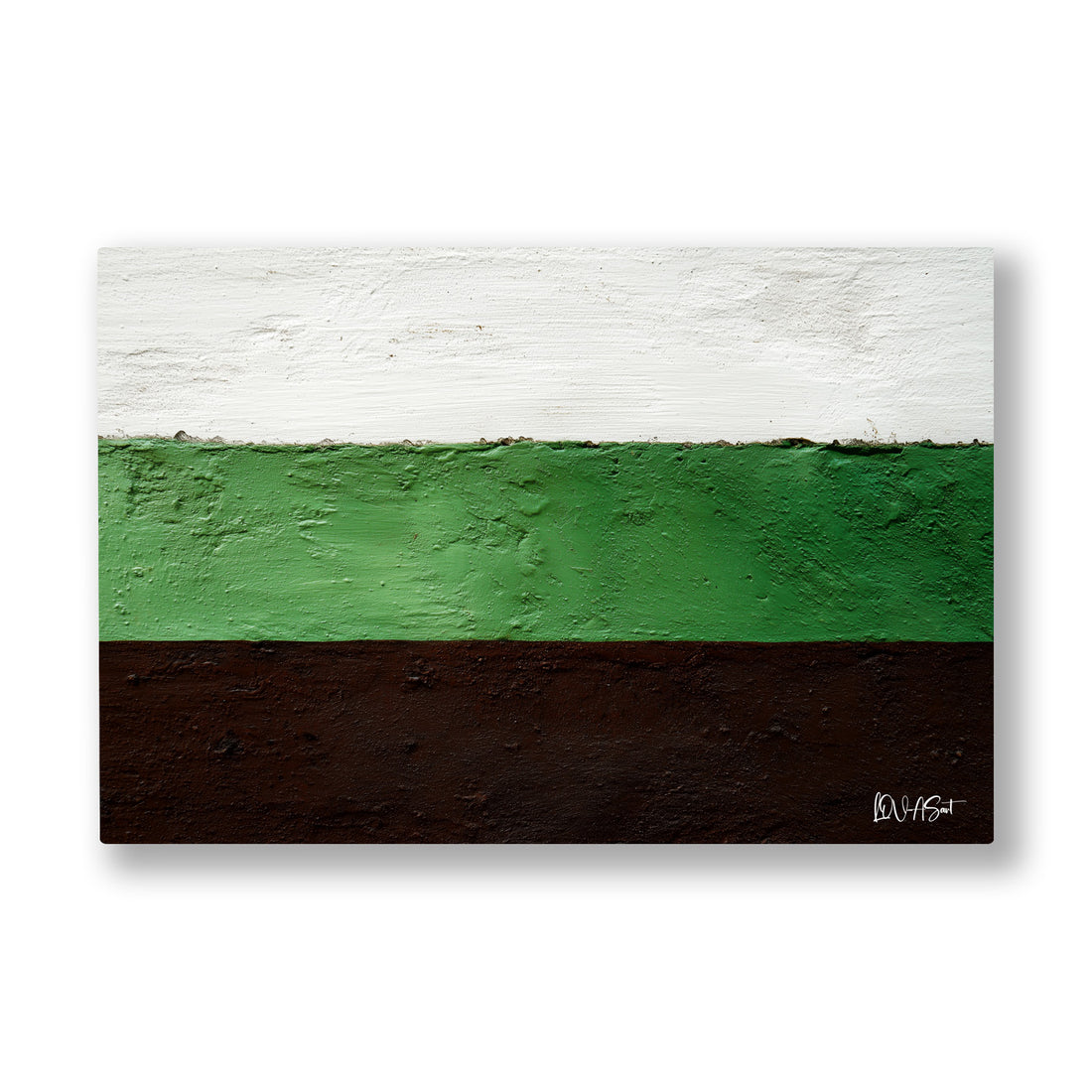 Yeşil Toprak Ufuk kanvas tablo — Beyaz gök, zümrüt tarla ve koyu kahve toprak üç sade bantta buluşuyor.