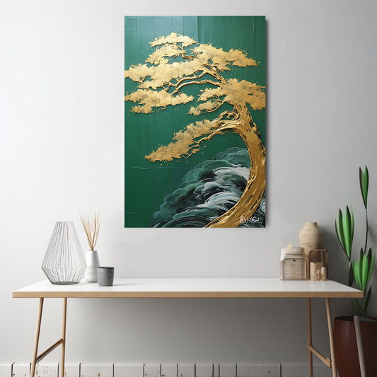 Yeşil Zeminde Altın Bonsai kanvas tablo — iç mekân uygulama örneği