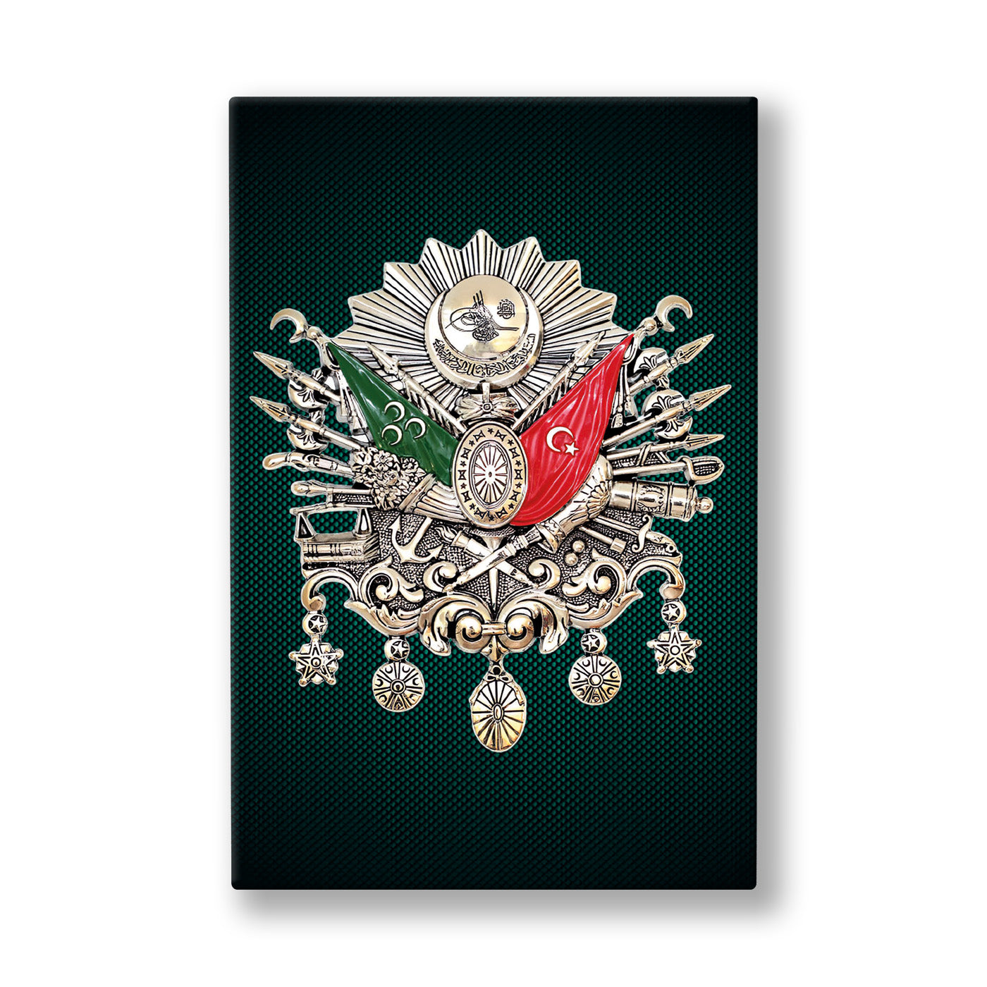 Yeşil Zeminde Osmanlı Arması kanvas tablo — Koyu yeşil örgü dokulu bir zeminde, gümüş rölyef görünümlü Osmanlı arması bütün alanı kaplıyor.
