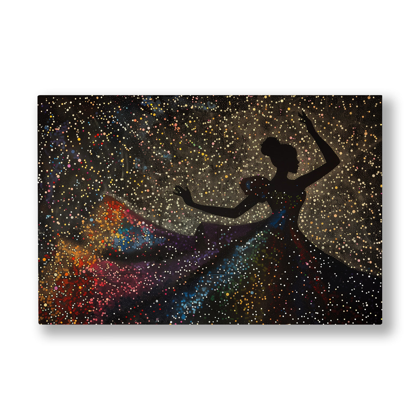 Yıldızlı Dansçı kanvas tablo — Yıldız tozuyla dolu evrenin önünde kollarını açan dansçının silueti.