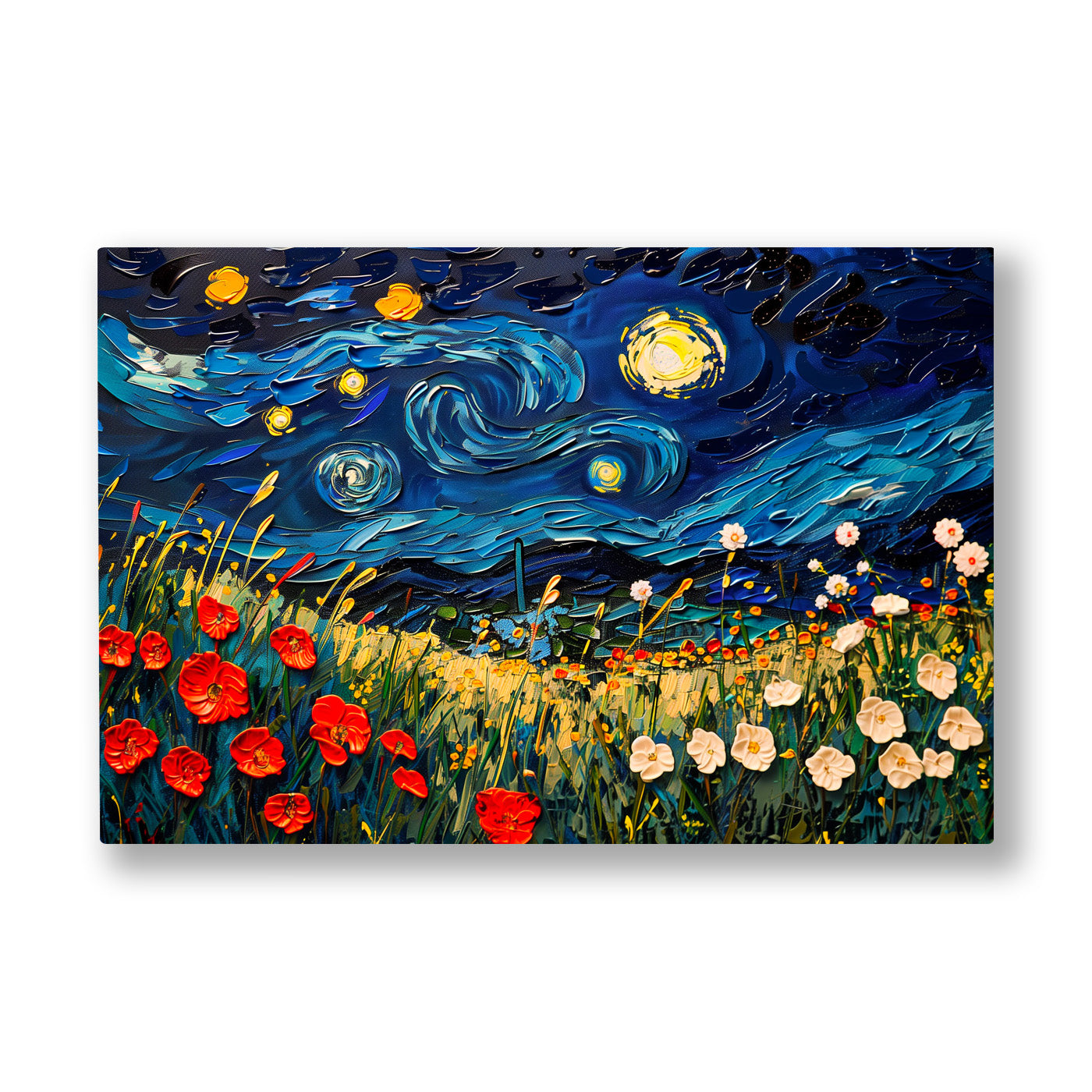 Yıldızlı Gece Tarlası kanvas tablo — Yıldızlı gökyüzünün altında kırmızı gelinciklerle dolu bir gece tarlası.