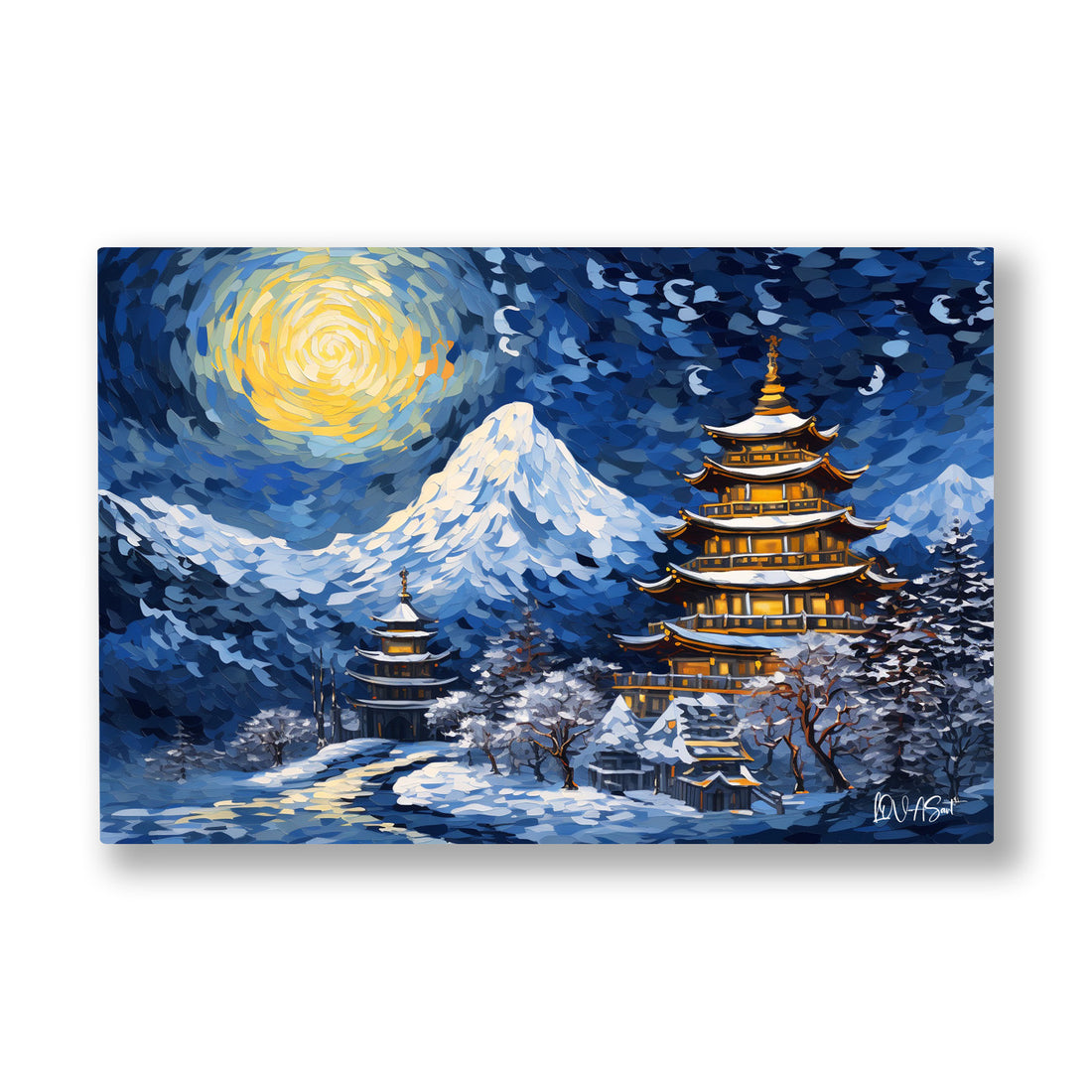 Yıldızlı Gecede Pagoda kanvas tablo — Karlı dağların eteğinde altın ışıklı bir pagoda ve iri sarı bir ay.