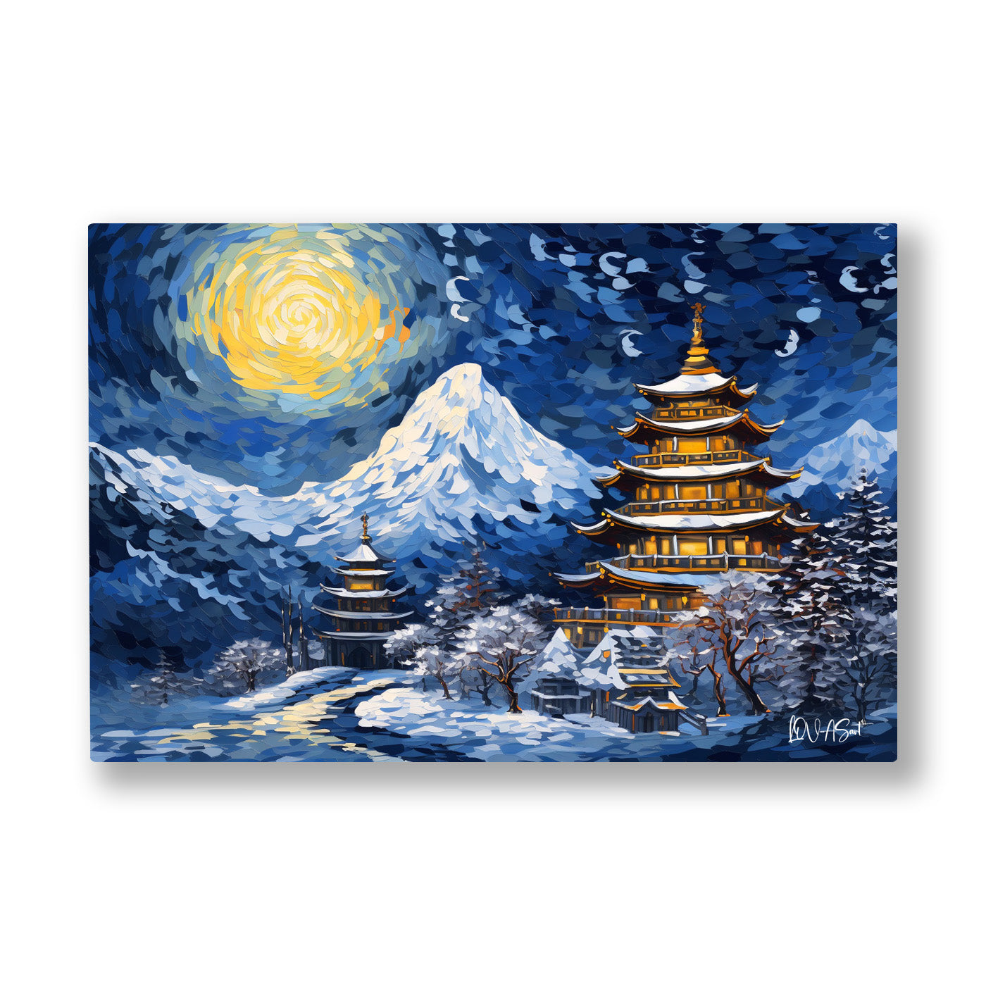 Yıldızlı Gecede Pagoda kanvas tablo — Karlı dağların eteğinde altın ışıklı bir pagoda ve iri sarı bir ay.