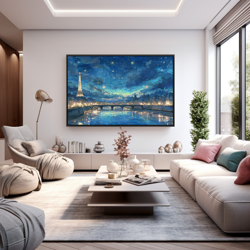 Yıldızlı Paris Gecesi - Kalın Metal Çerçeveli Kanvas Tablo