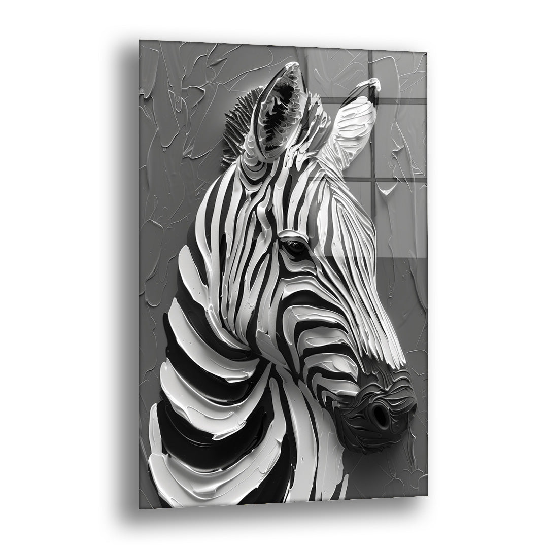 Zebra 2 cam tablo — siyah beyaz çizgili bir zebra başını kalın fırça izlerinı andıran bir gri zeminde güçlü biçimde işler.