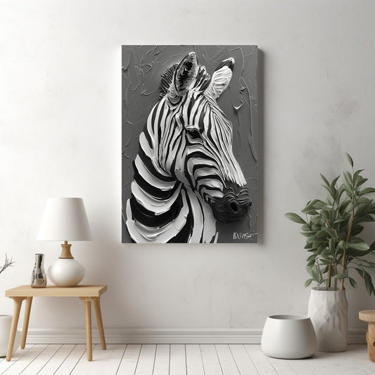 Zebra — dikey kanvas tablo, farklı açıdan görünüm