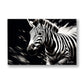 Zebra kanvas tablo — Simsiyah bir zeminden çıkan zebranın keskin beyaz çizgili başı.