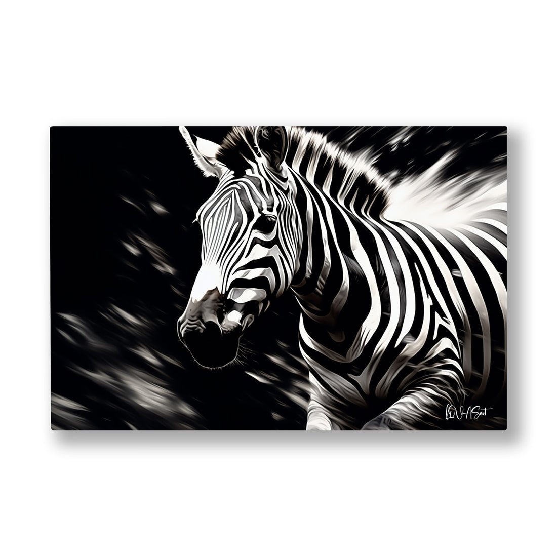 Zebra kanvas tablo — Simsiyah bir zeminden çıkan zebranın keskin beyaz çizgili başı.