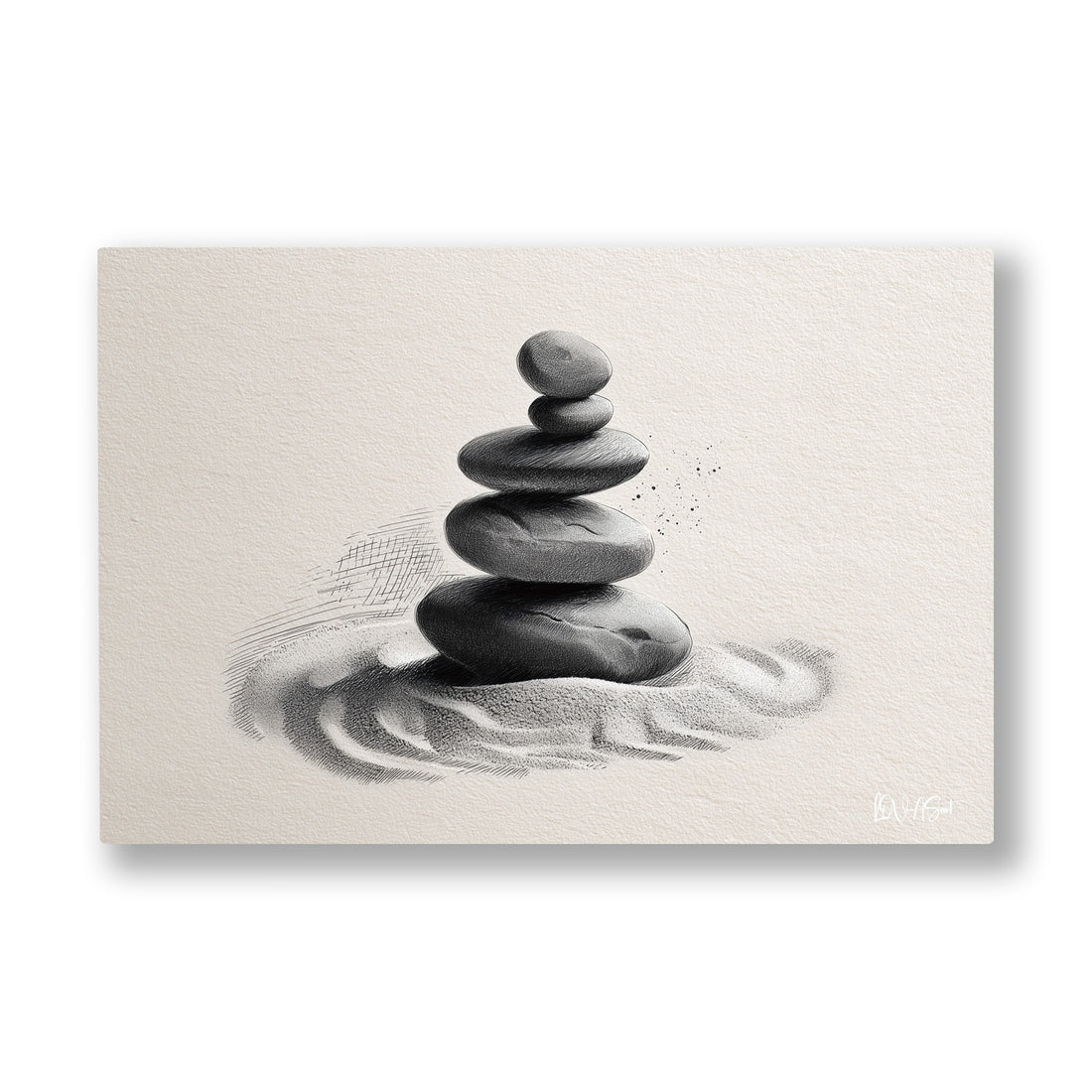 Zen Taşları 3 kanvas tablo — Bembeyaz kumun üstünde üst üste dizilmiş koyu gri zen taşları.