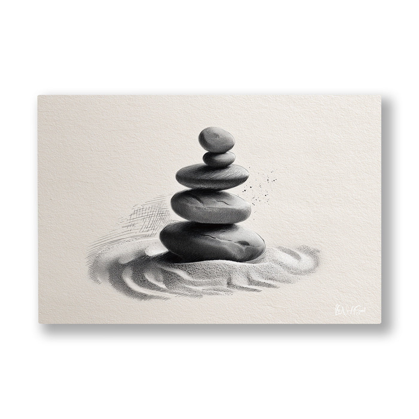 Zen Taşları 3 kanvas tablo — Bembeyaz kumun üstünde üst üste dizilmiş koyu gri zen taşları.