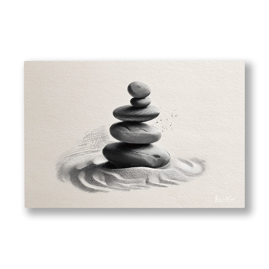 Zen Taşları 3 kanvas tablo — Bembeyaz kumun üstünde üst üste dizilmiş koyu gri zen taşları.