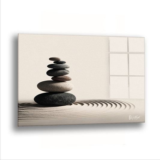 Zen Taşları cam tablo — Taraklanmış kumun üstünde altı taş, sabrın heykelini kurmuş.