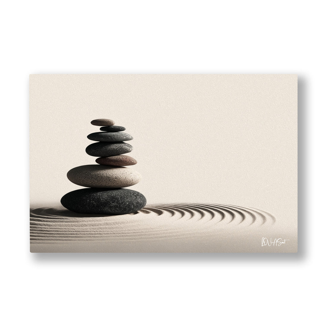 Zen Taşları kanvas tablo — Tırmıklanmış kumun ortasında sabırla dengelenmiş bir taş kulesi.