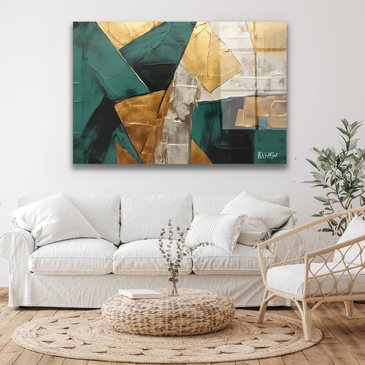 Zümrüt Altın Geometri cam tablo — duvarda dekorasyon görünümü