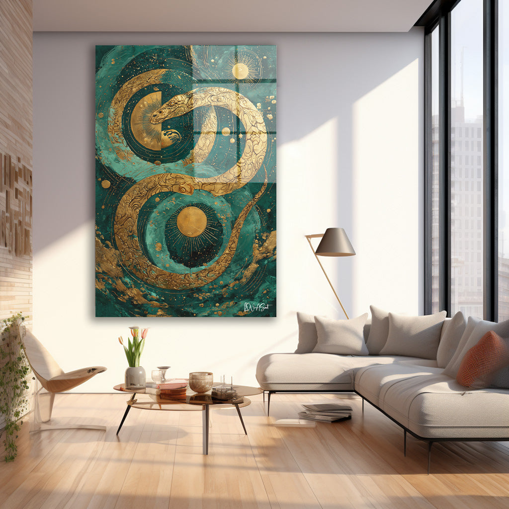 Zümrüt Altın Spiral cam tablo — iç mekân uygulama örneği