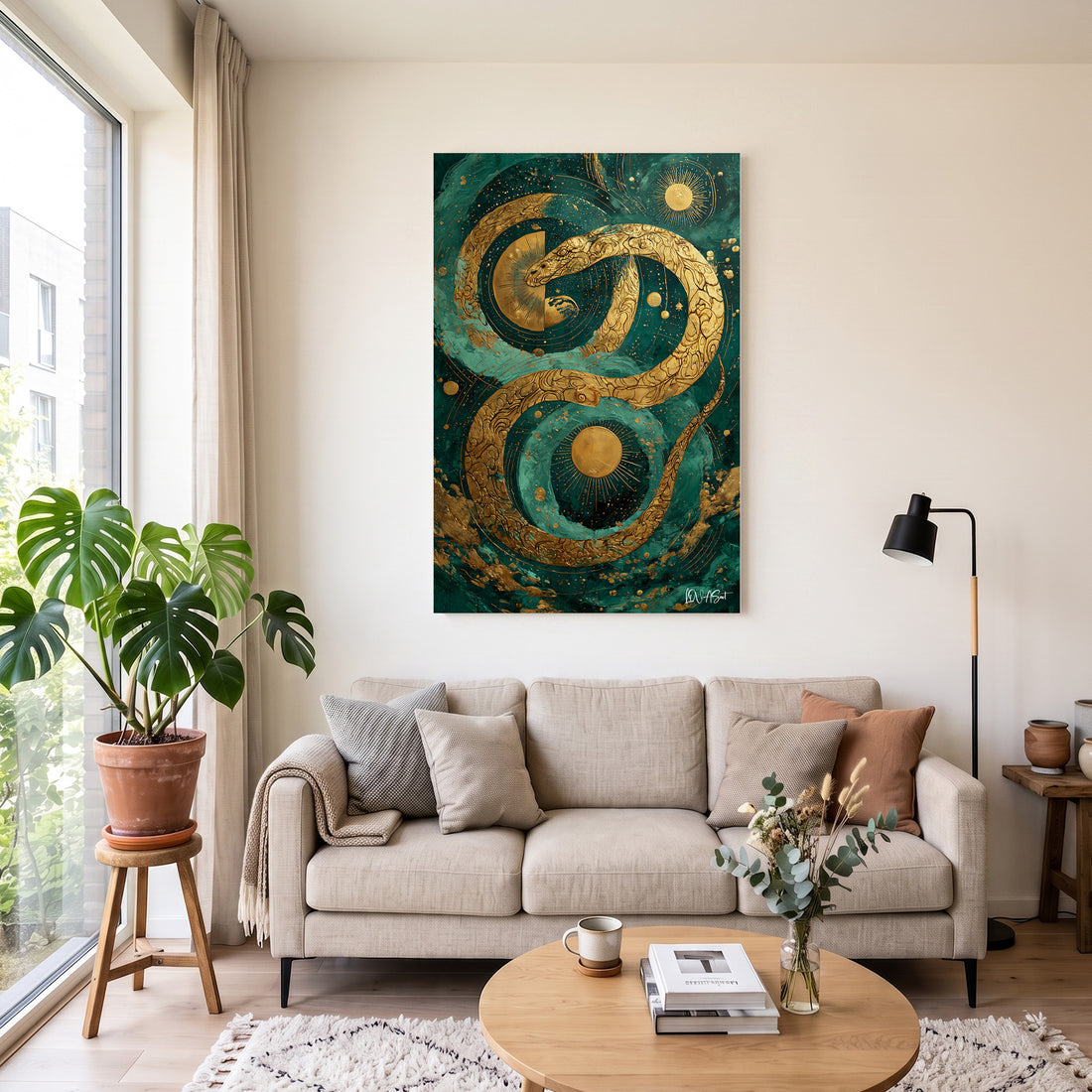 Zümrüt Altın Spiral kanvas tablo — duvarda dekorasyon görünümü