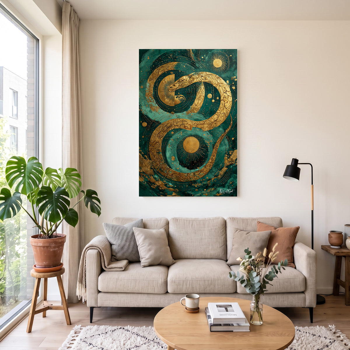 Zümrüt Altın Spiral kanvas tablo — duvarda dekorasyon görünümü