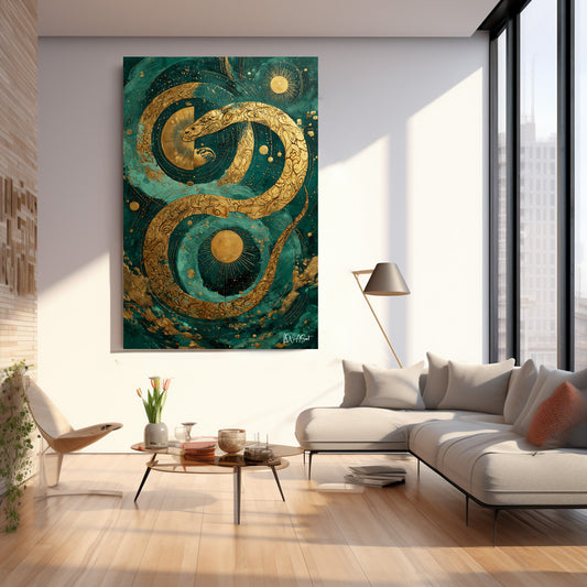 Zümrüt Altın Spiral kanvas tablo — iç mekân uygulama örneği