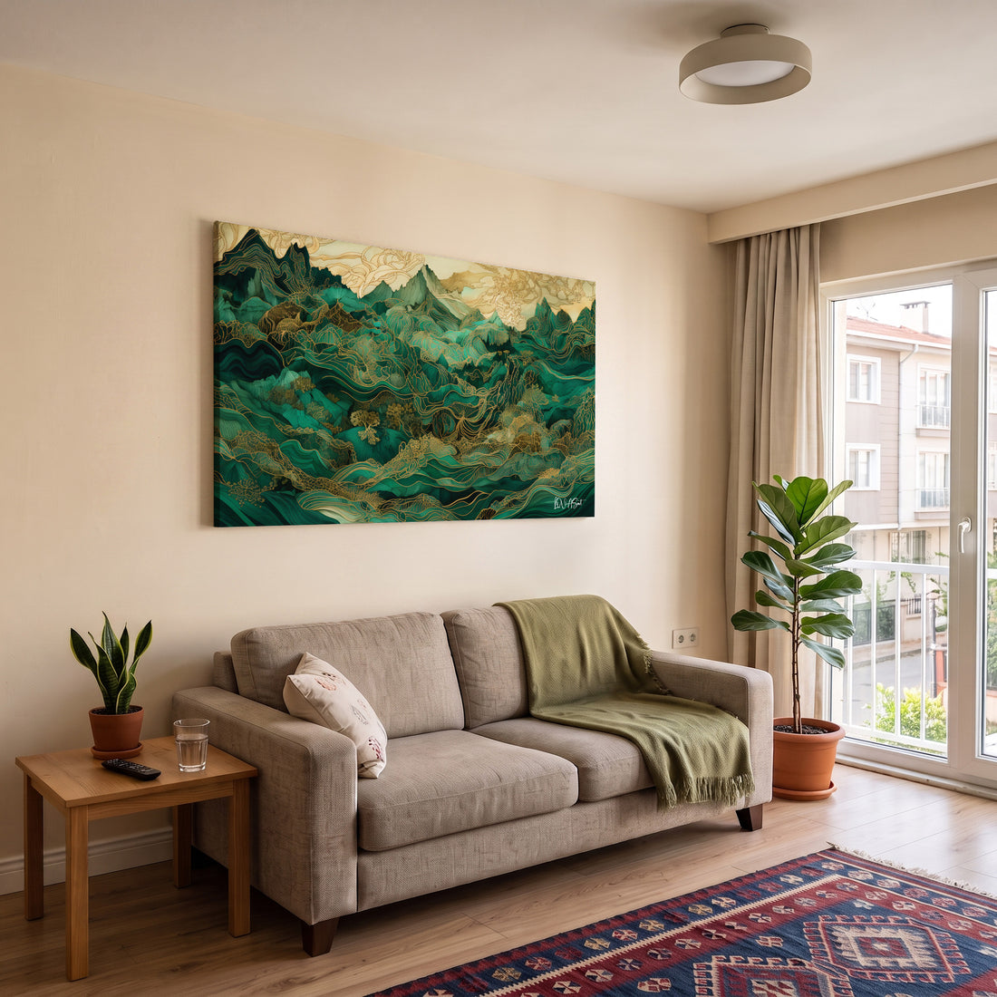 Zümrüt Dağlar kanvas tablo — iç mekân uygulama örneği