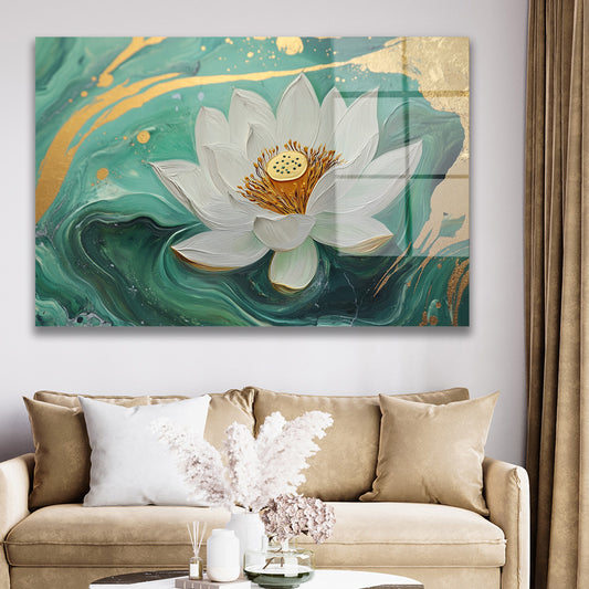 Zümrüt Dalgada Beyaz Lotus cam tablo — duvarda dekorasyon görünümü