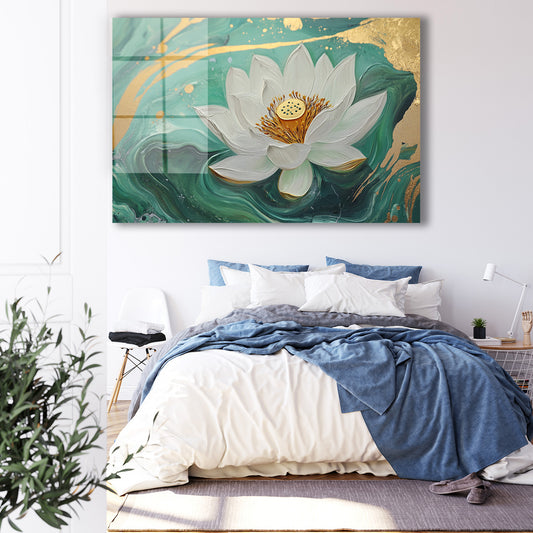 Zümrüt Dalgada Beyaz Lotus cam tablo — iç mekân uygulama örneği