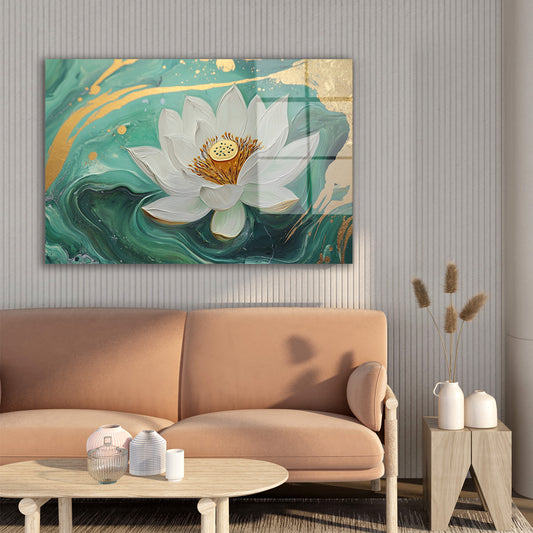 Zümrüt Dalgada Beyaz Lotus cam tablo — farklı açıdan görünüm
