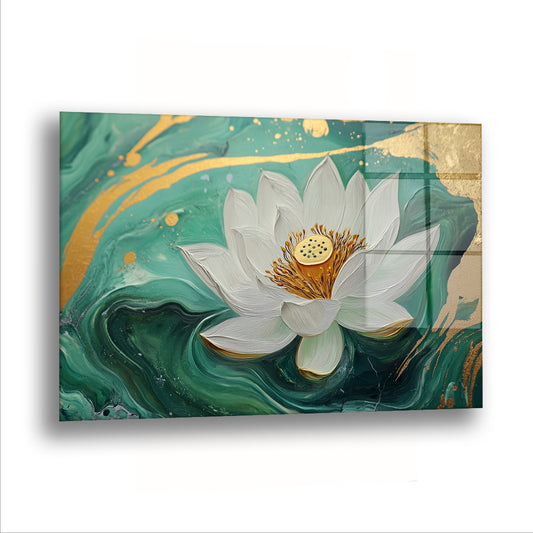 Zümrüt Dalgada Beyaz Lotus cam tablo — Dalganın tam ortasında beyaz bir lotus, hiç ıslanmamış gibi duruyor.