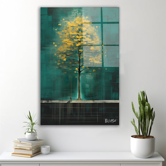 Zümrüt Zeminde Altın Ağaç 2 cam tablo — duvarda dekorasyon görünümü