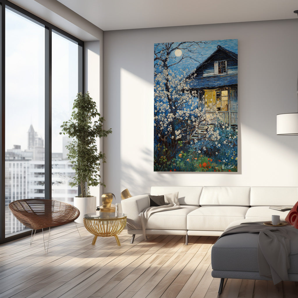 Beyaz Çiçekli Ağacın Evi Kanvas Tablo farklı açı